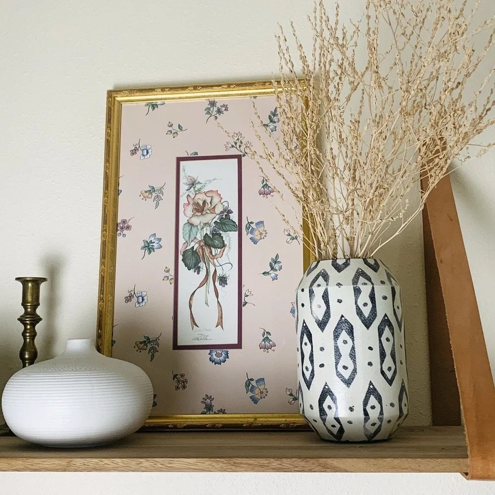 Vtg Framed Botanical Print Floral Wall Art Blossoms Gold Frame Cottage Signed